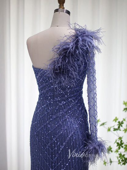 Beaded Navy Blue Prom Dresses One Shoulder Feather Long Sleeve Evening Dress 2008-Evening Dresses 2025 -Viniodress-Blue-US 2-