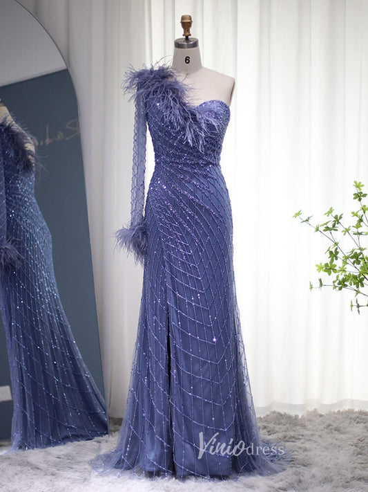 Beaded Navy Blue Prom Dresses One Shoulder Feather Long Sleeve Evening Dress 2008-Evening Dresses 2025 -Viniodress-Blue-US 2-