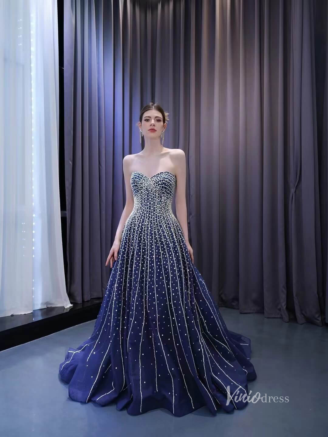 Beaded Navy Blue Wedding Dresses Strapless Prom Ball Gowns 231028-Prom Dresses 2025 -Viniodress-Navy Blue-Custom Size-