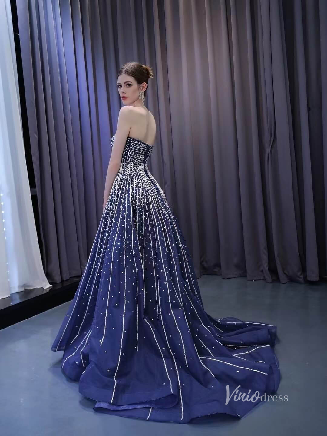 Beaded Navy Blue Wedding Dresses Strapless Prom Ball Gowns 231028-Prom Dresses 2025 -Viniodress-Navy Blue-Custom Size-