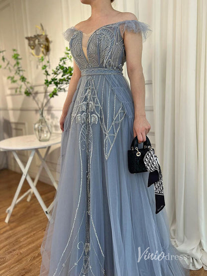 Beaded Off the Shoulder Evening Dresses Plunging V-Neck A-Line Pageant Dress AD1140-Evening Dresses 2025 -Viniodress-Blue-US 2-