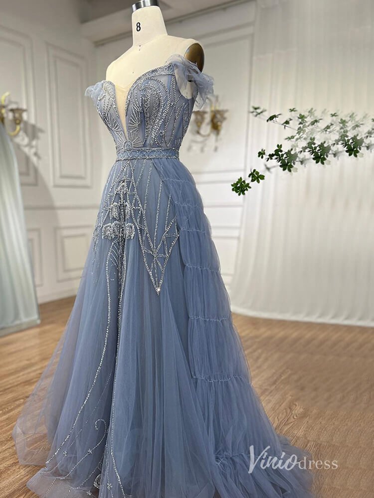 Beaded Off the Shoulder Evening Dresses Plunging V-Neck A-Line Pageant Dress AD1140-Evening Dresses 2025 -Viniodress-Blue-US 2-