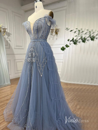 Beaded Off the Shoulder Evening Dresses Plunging V-Neck A-Line Pageant Dress AD1140-Evening Dresses 2025 -Viniodress-Blue-US 2-