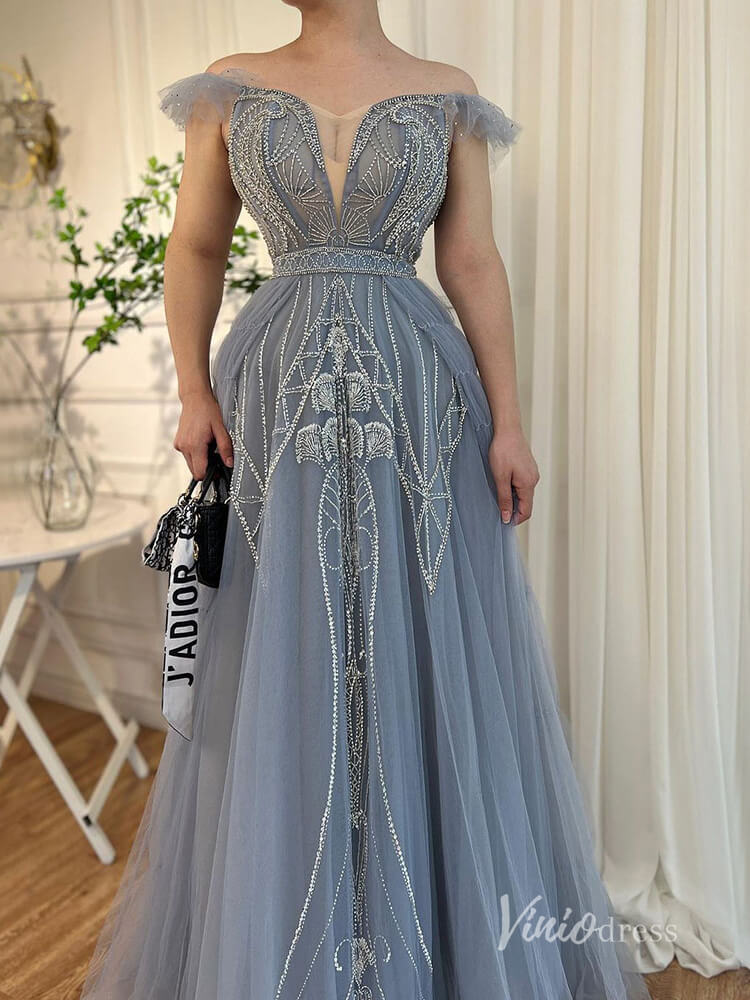 Beaded Off the Shoulder Evening Dresses Plunging V-Neck A-Line Pageant Dress AD1140-Evening Dresses 2025 -Viniodress-Blue-US 2-