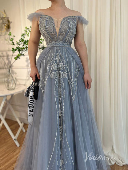 Beaded Off the Shoulder Evening Dresses Plunging V-Neck A-Line Pageant Dress AD1140-Evening Dresses 2025 -Viniodress-Blue-US 2-