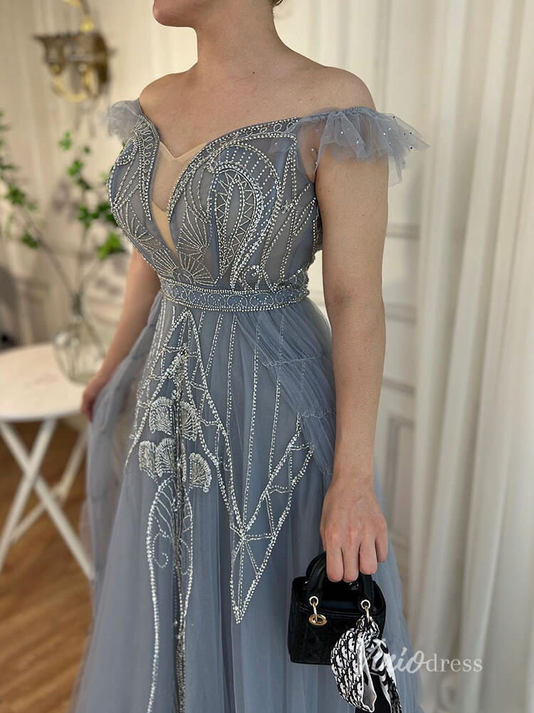 Beaded Off the Shoulder Evening Dresses Plunging V-Neck A-Line Pageant Dress AD1140-Evening Dresses 2025 -Viniodress-Blue-US 2-