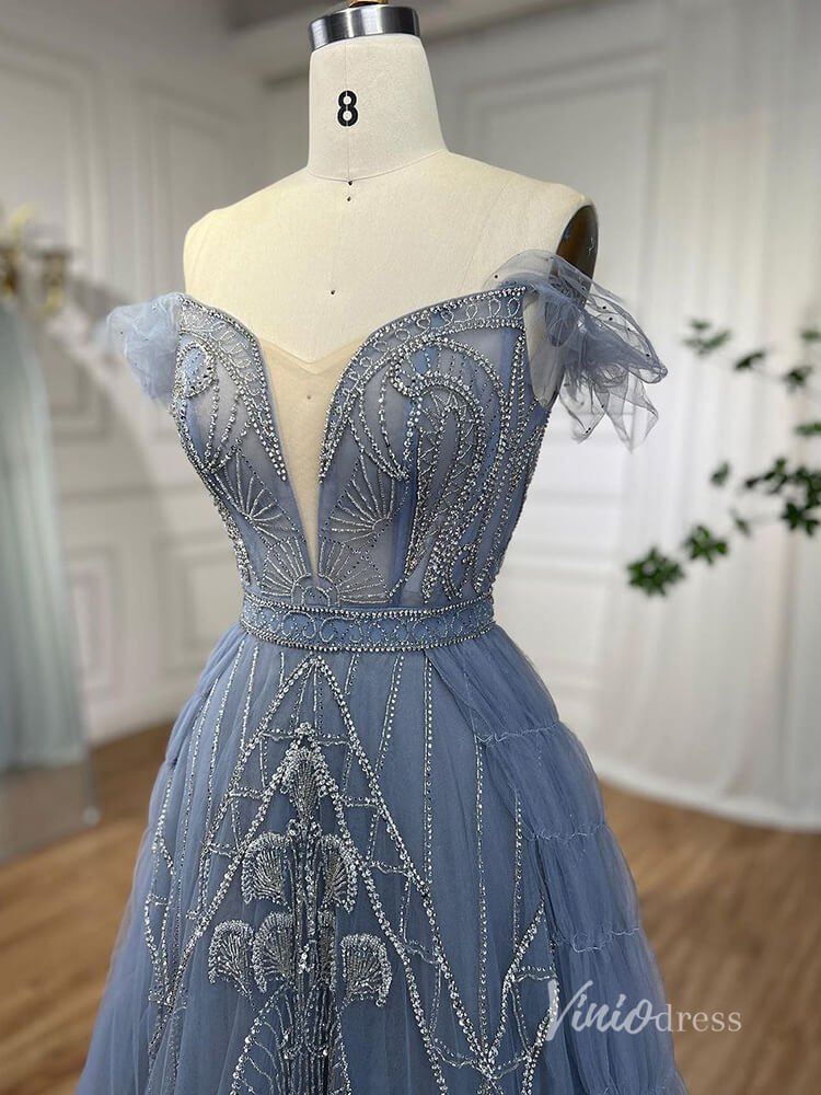 Beaded Off the Shoulder Evening Dresses Plunging V-Neck A-Line Pageant Dress AD1140-Evening Dresses 2025 -Viniodress-Blue-US 2-