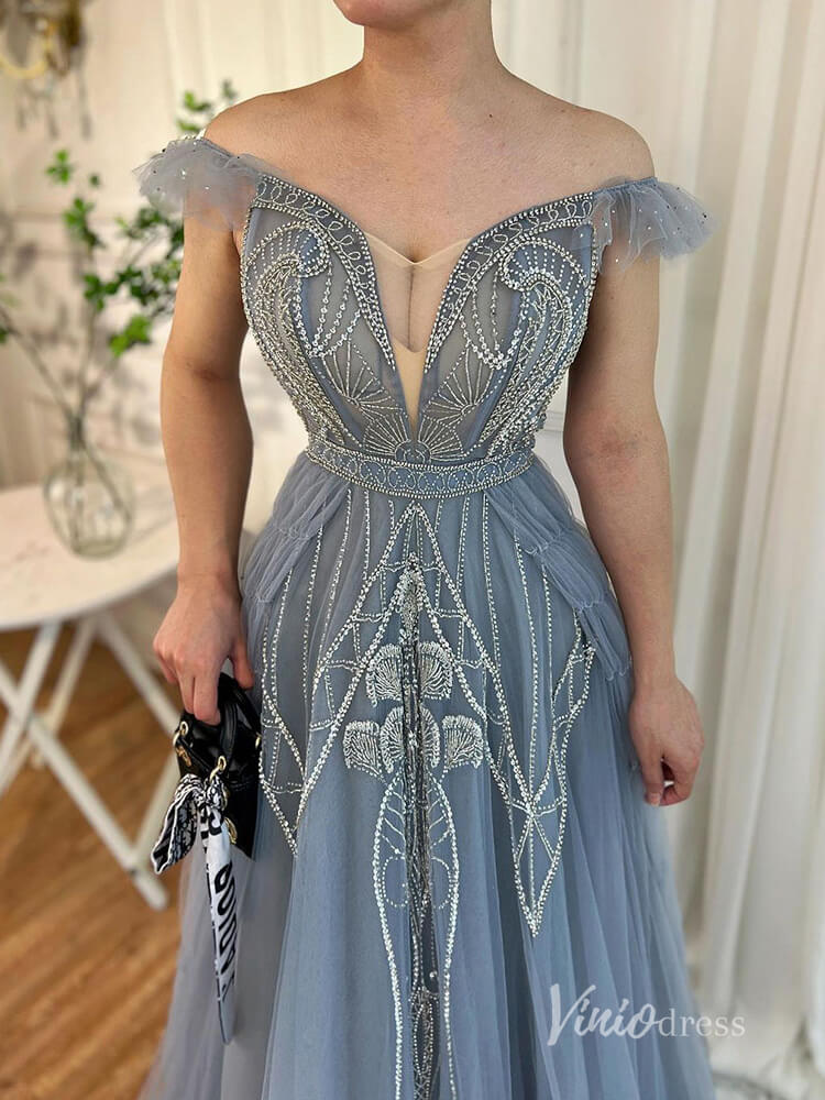 Beaded Off the Shoulder Evening Dresses Plunging V-Neck A-Line Pageant Dress AD1140-Evening Dresses 2025 -Viniodress-Blue-US 2-