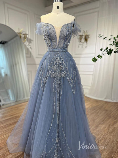 Beaded Off the Shoulder Evening Dresses Plunging V-Neck A-Line Pageant Dress AD1140-Evening Dresses 2025 -Viniodress-Blue-US 2-