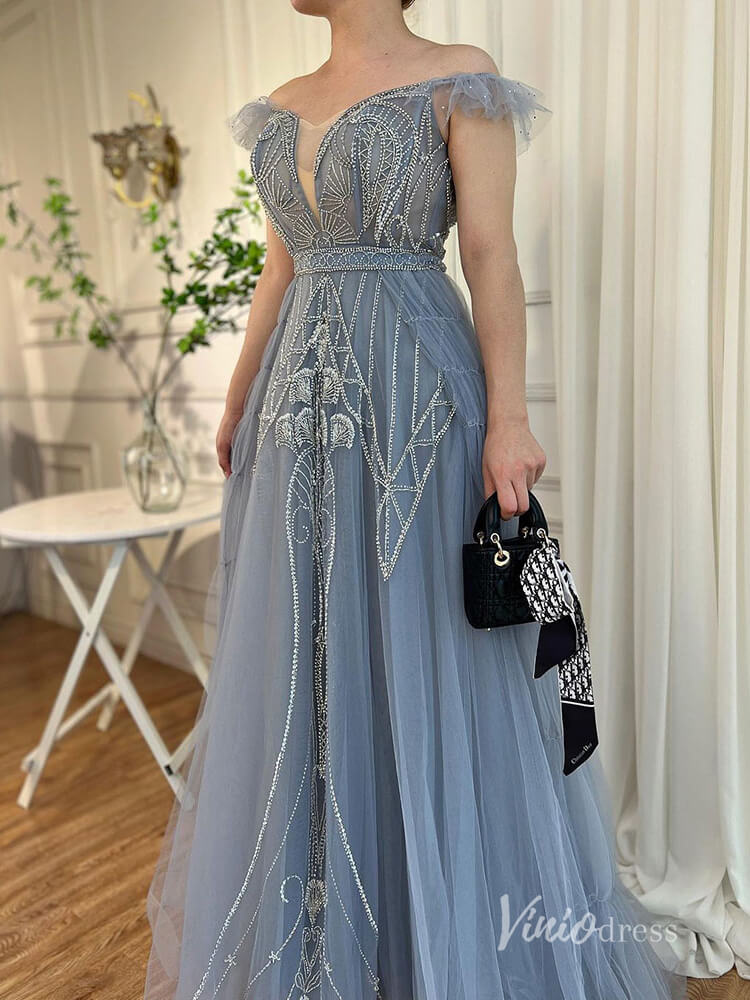 navy blue dress for baby girl Beaded Off the Shoulder Evening Dresses Plunging V-Neck A-Line Pageant –  Viniodress
