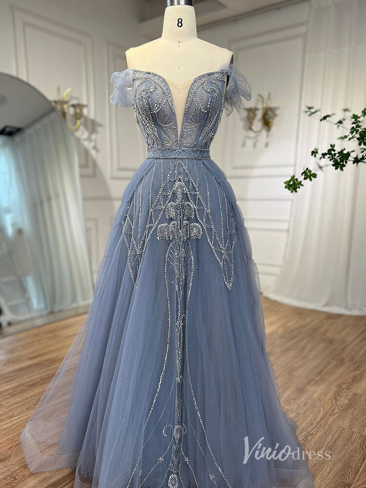 Beaded Off the Shoulder Evening Dresses Plunging V-Neck A-Line Pageant Dress AD1140-prom dresses-Viniodress-Blue-US 2-Viniodress