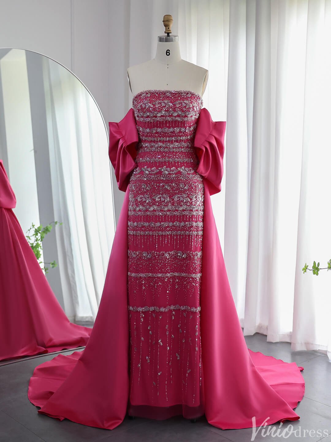 Beaded Off the Shoulder Evening Dresses Satin Train Mother of the Bride Dress AD1153-Evening Dresses 2025 -Viniodress-Magenta-US 2-