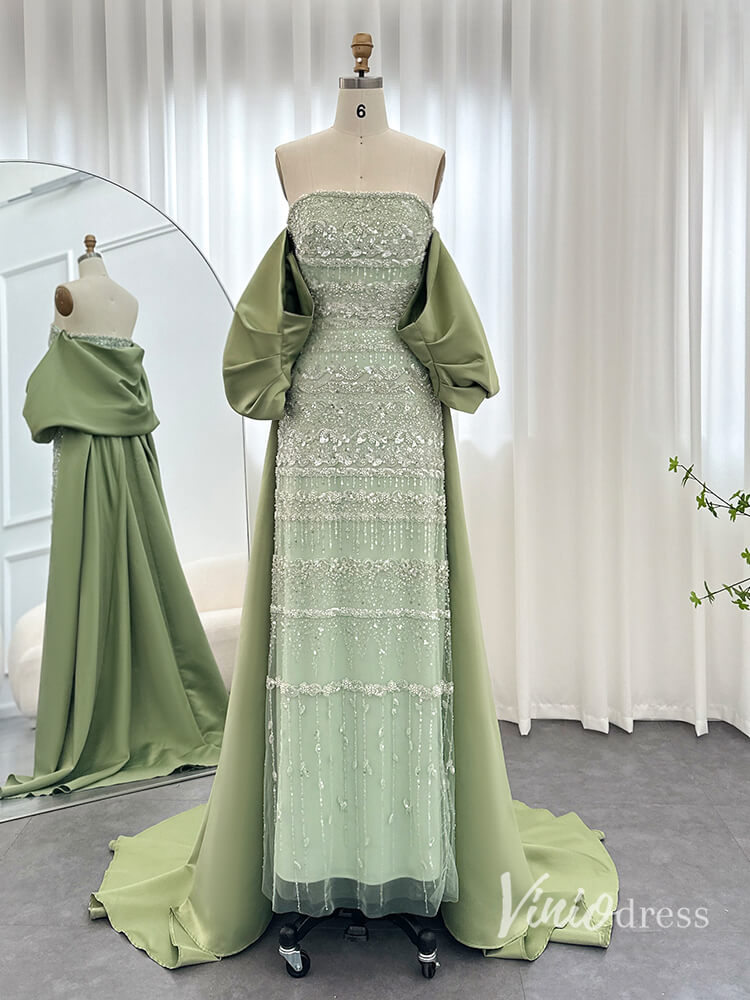 Beaded Off the Shoulder Evening Dresses Satin Train Mother of the Bride Dress AD1153-prom dresses-Viniodress-Green-US 2-Viniodress