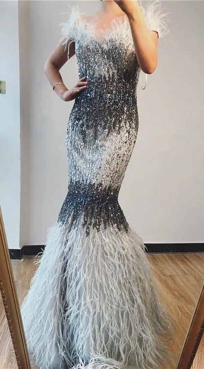 Beaded Off the Shoulder Feather Evening Dresses Mermaid Holiday Dress FD2794-Evening Dresses 2025 -Viniodress-Grey-US 2-