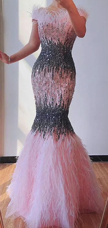 Beaded Off the Shoulder Feather Evening Dresses Mermaid Holiday Dress FD2794-Evening Dresses 2025 -Viniodress-Pink-US 2-