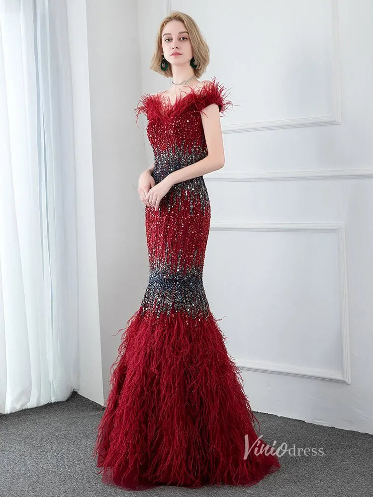 Beaded Off the Shoulder Feather Evening Dresses Mermaid Holiday Dress FD2794-Evening Dresses 2025 -Viniodress-Red-US 2-