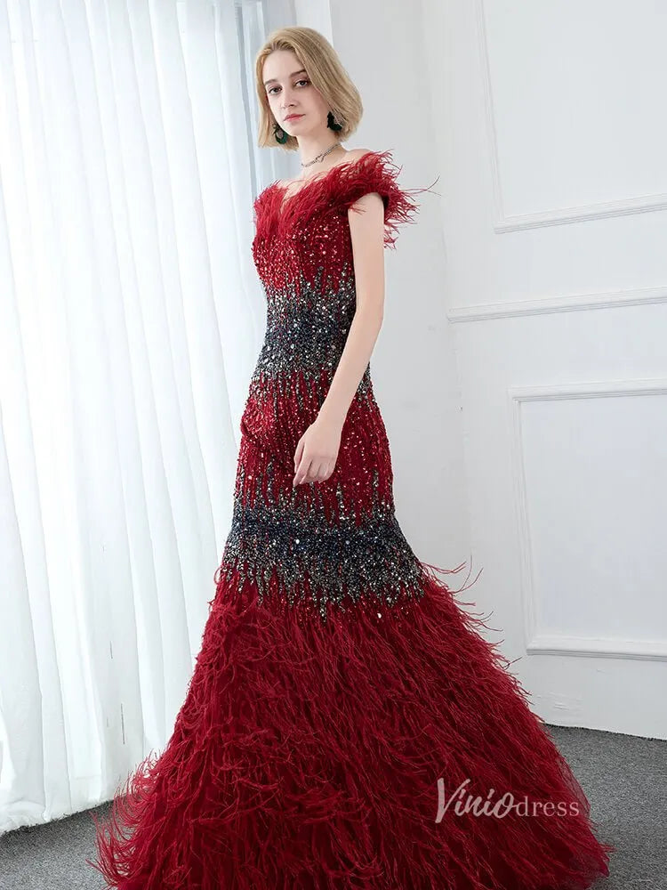 Beaded Off the Shoulder Feather Evening Dresses Mermaid Holiday Dress FD2794-Evening Dresses 2025 -Viniodress-Red-US 2-