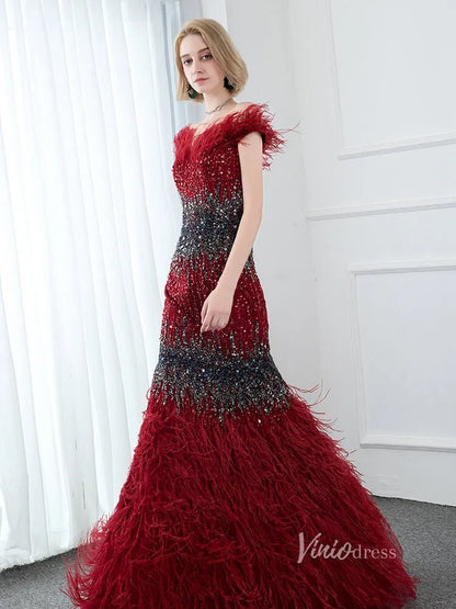 Beaded Off the Shoulder Feather Evening Dresses Mermaid Holiday Dress FD2794-Evening Dresses 2025 -Viniodress-Red-US 2-