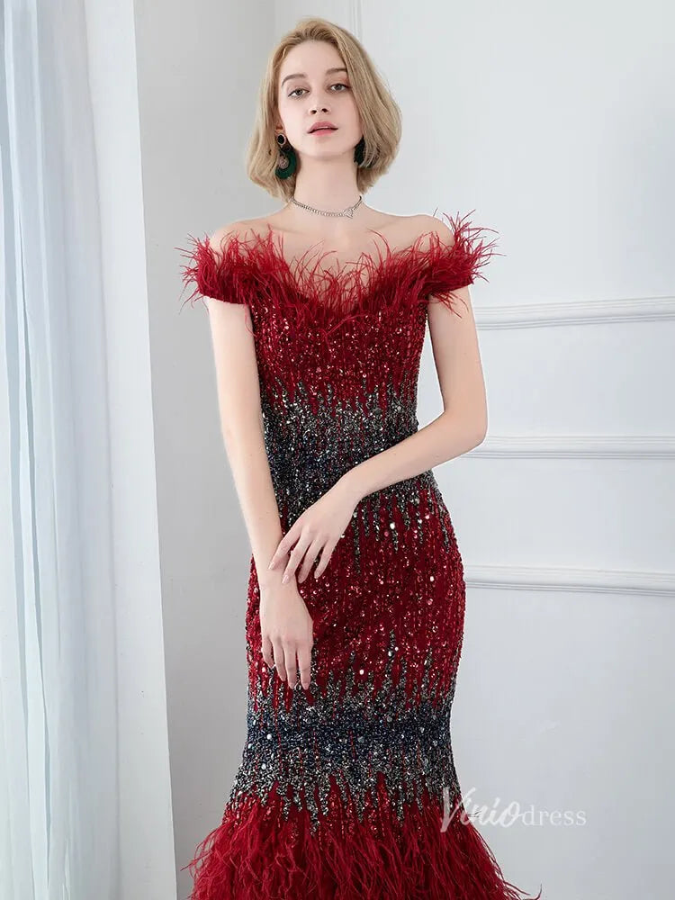 Beaded Off the Shoulder Feather Evening Dresses Mermaid Holiday Dress FD2794-Evening Dresses 2025 -Viniodress-Red-US 2-