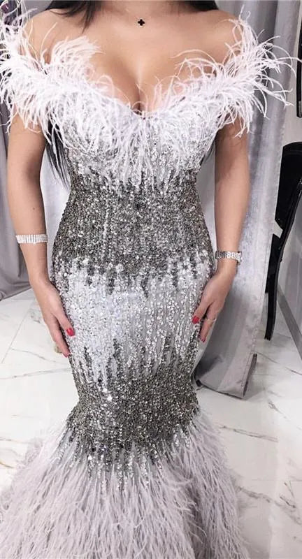 Beaded Off the Shoulder Feather Evening Dresses Mermaid Holiday Dress FD2794-Evening Dresses 2025 -Viniodress-Red-US 2-