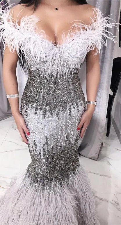 Beaded Off the Shoulder Feather Evening Dresses Mermaid Holiday Dress FD2794-Evening Dresses 2025 -Viniodress-Red-US 2-