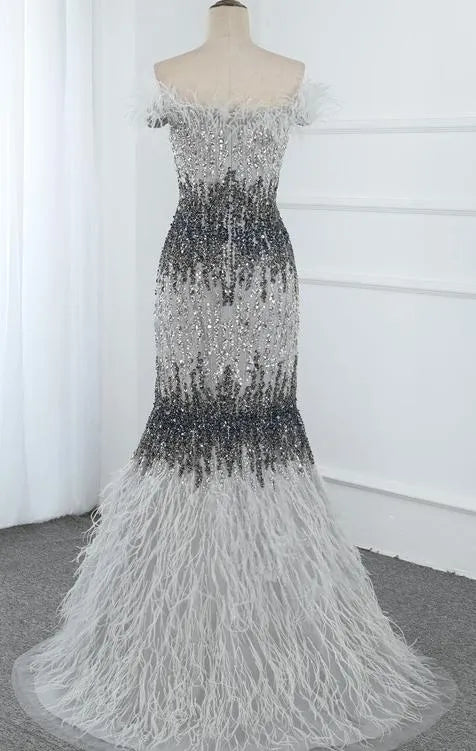 Beaded Off the Shoulder Feather Evening Dresses Mermaid Holiday Dress FD2794-Evening Dresses 2025 -Viniodress-Red-US 2-