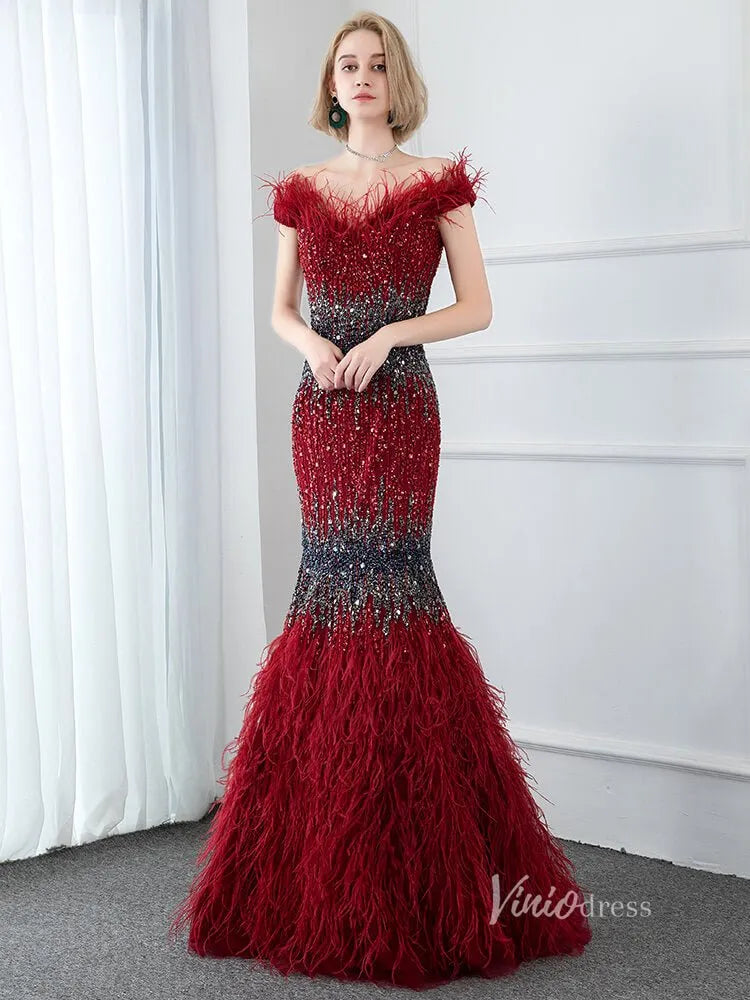 Beaded Off the Shoulder Feather Evening Dresses Mermaid Holiday Dress FD2794-Evening Dresses 2025 -Viniodress-Red-US 2-