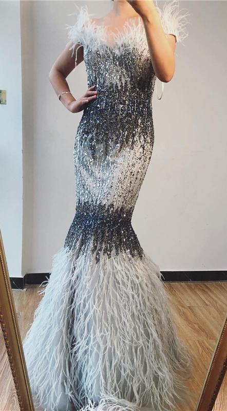 Prom Dress 2025 Beaded Off the Shoulder Feather Evening Dresses Mermaid Holiday Dress FD2794-unique prom dresses-Grey-US 2-Viniodress