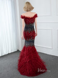 Prom Dress 2025 Beaded Off the Shoulder Feather Evening Dresses Mermaid Holiday Dress FD2794-unique prom dresses-Red-US 2-Viniodress