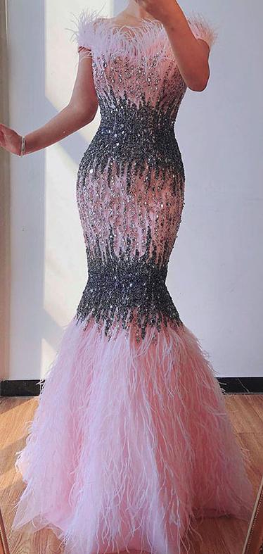 Prom Dress 2025 Beaded Off the Shoulder Feather Evening Dresses Mermaid Holiday Dress FD2794-unique prom dresses-Pink-US 2-Viniodress