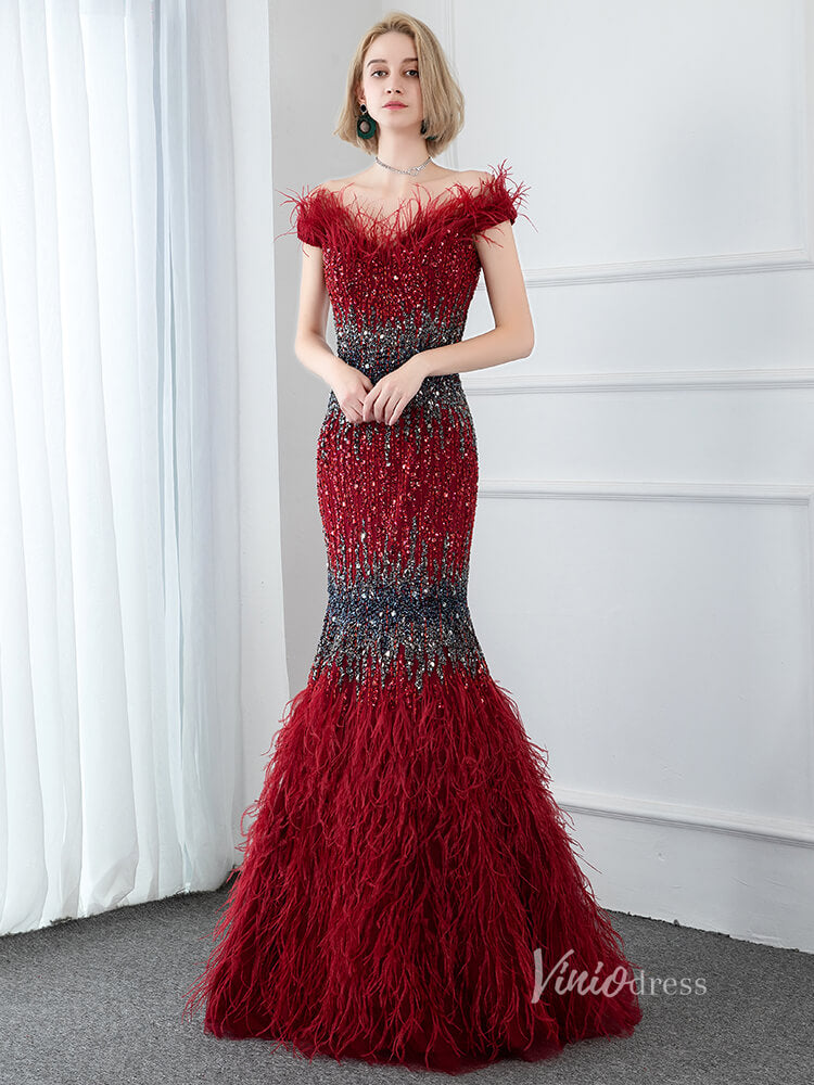 Prom Dress 2025 Beaded Off the Shoulder Feather Evening Dresses Mermaid Holiday Dress FD2794-unique prom dresses-Red-US 2-Viniodress