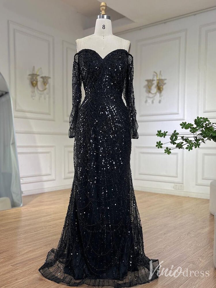 Beaded Off the Shoulder Mermaid Prom Dresses Sweetheart Long Sleeve Pageant Dress 20210-Evening Dresses 2025 -Viniodress-Black-US 2-