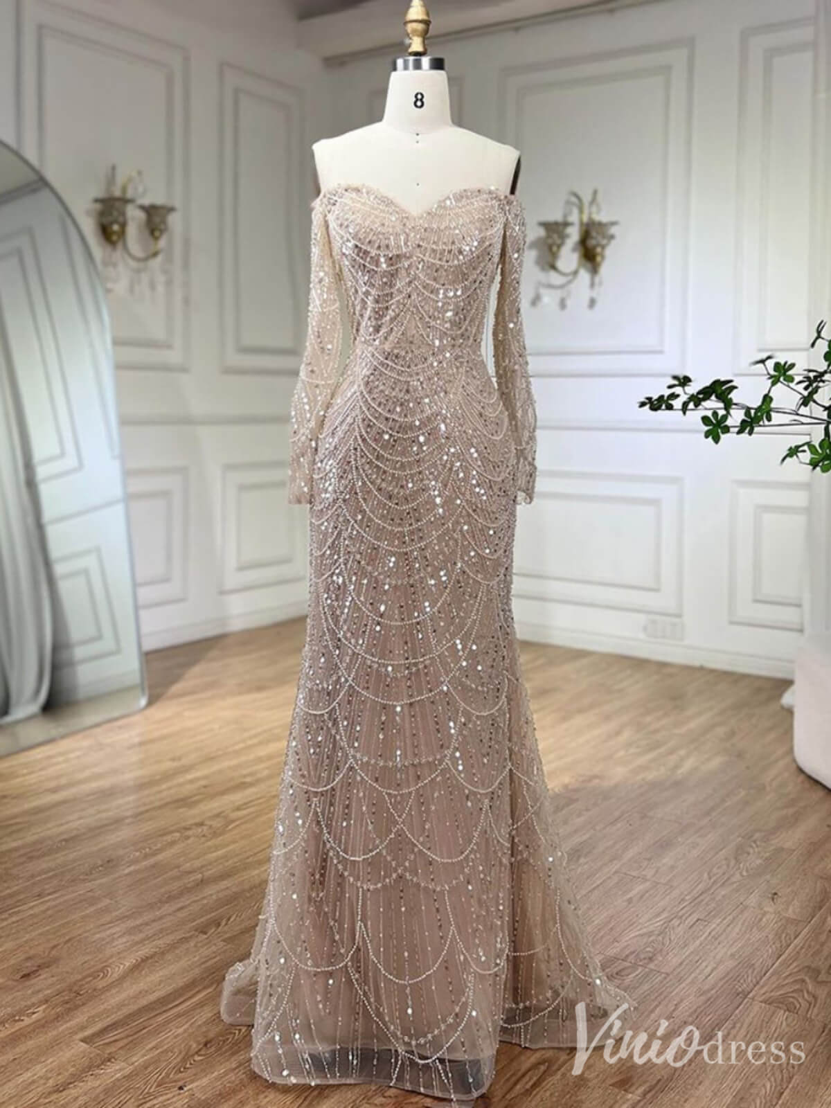 Beaded Off the Shoulder Mermaid Prom Dresses Sweetheart Long Sleeve Pageant Dress 20210-Evening Dresses 2025 -Viniodress-Champagne-US 2-
