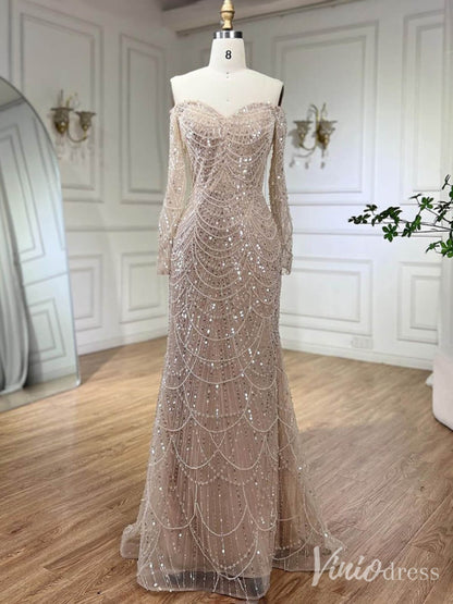 Beaded Off the Shoulder Mermaid Prom Dresses Sweetheart Long Sleeve Pageant Dress 20210-Evening Dresses 2025 -Viniodress-Champagne-US 2-