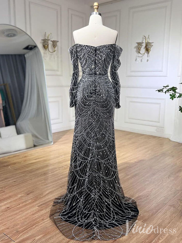Beaded Off the Shoulder Mermaid Prom Dresses Sweetheart Long Sleeve Pageant Dress 20210-Evening Dresses 2025 -Viniodress-Dusty Rose-US 2-