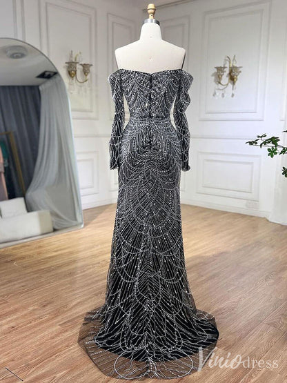 Beaded Off the Shoulder Mermaid Prom Dresses Sweetheart Long Sleeve Pageant Dress 20210-Evening Dresses 2025 -Viniodress-Dusty Rose-US 2-