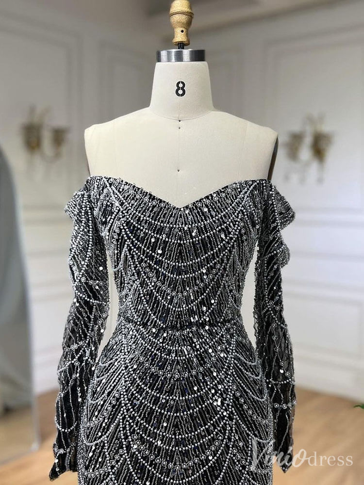 Beaded Off the Shoulder Mermaid Prom Dresses Sweetheart Long Sleeve Pageant Dress 20210-Evening Dresses 2025 -Viniodress-Dusty Rose-US 2-