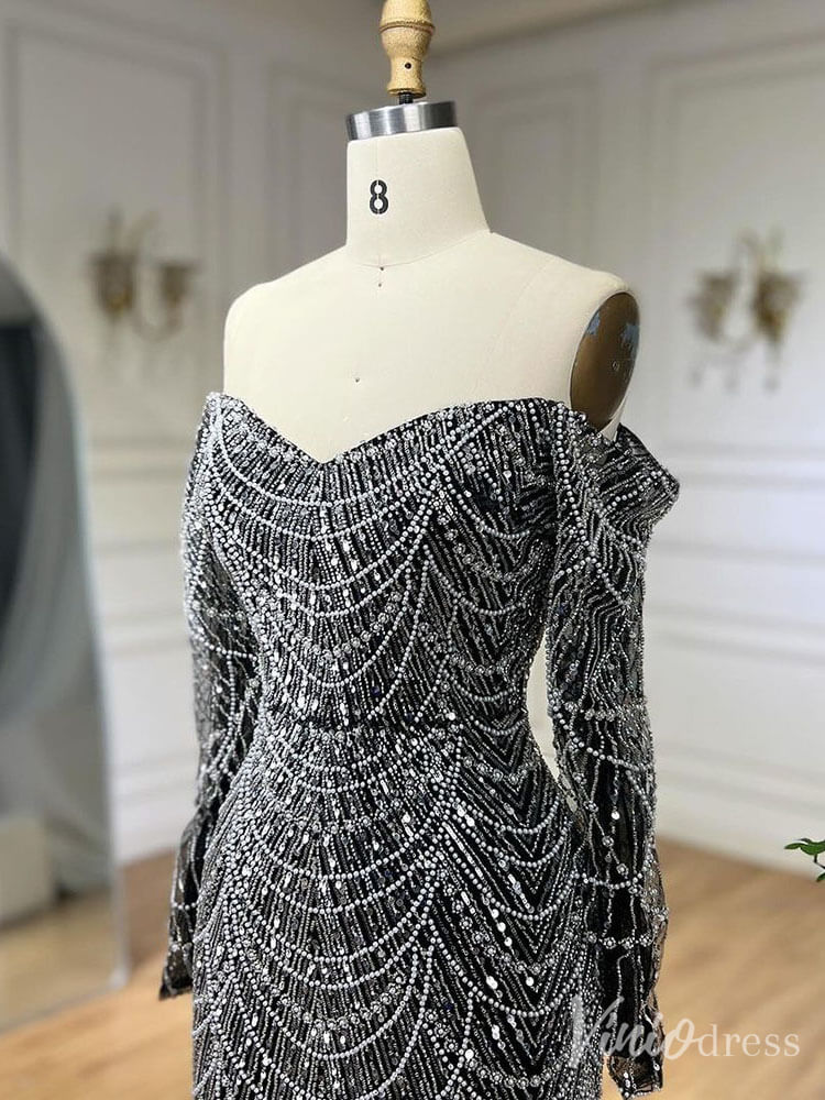 Beaded Off the Shoulder Mermaid Prom Dresses Sweetheart Long Sleeve Pageant Dress 20210-Evening Dresses 2025 -Viniodress-Dusty Rose-US 2-