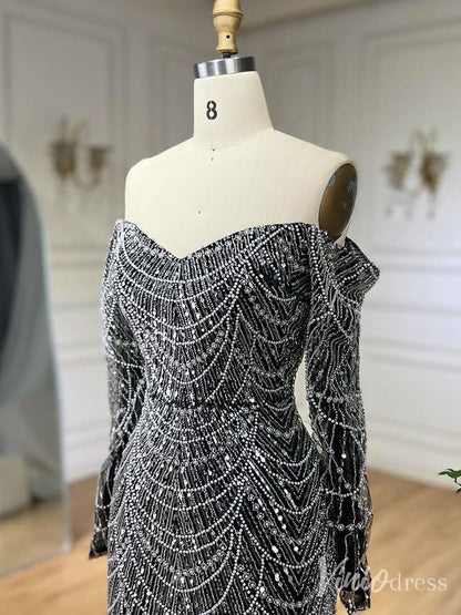 Beaded Off the Shoulder Mermaid Prom Dresses Sweetheart Long Sleeve Pageant Dress 20210-Evening Dresses 2025 -Viniodress-Dusty Rose-US 2-