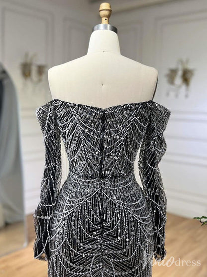 Beaded Off the Shoulder Mermaid Prom Dresses Sweetheart Long Sleeve Pageant Dress 20210-Evening Dresses 2025 -Viniodress-Dusty Rose-US 2-