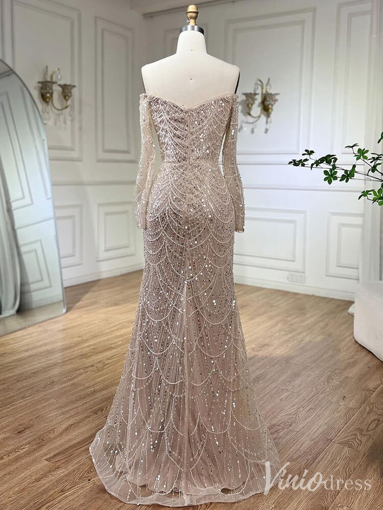 Beaded Off the Shoulder Mermaid Prom Dresses Sweetheart Long Sleeve Pageant Dress 20210-Evening Dresses 2025 -Viniodress-Dusty Rose-US 2-