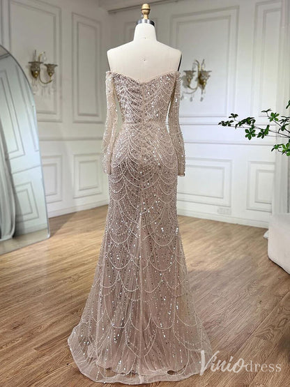 Beaded Off the Shoulder Mermaid Prom Dresses Sweetheart Long Sleeve Pageant Dress 20210-Evening Dresses 2025 -Viniodress-Dusty Rose-US 2-