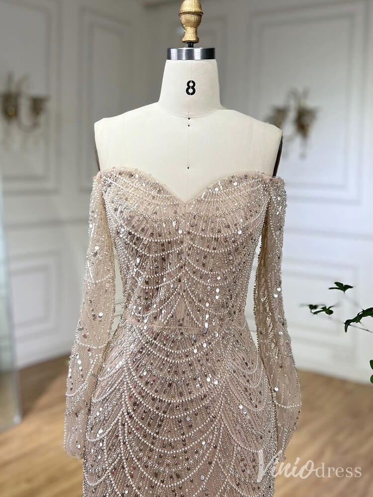 Beaded Off the Shoulder Mermaid Prom Dresses Sweetheart Long Sleeve Pageant Dress 20210-Evening Dresses 2025 -Viniodress-Dusty Rose-US 2-