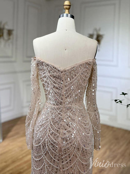 Beaded Off the Shoulder Mermaid Prom Dresses Sweetheart Long Sleeve Pageant Dress 20210-Evening Dresses 2025 -Viniodress-Dusty Rose-US 2-