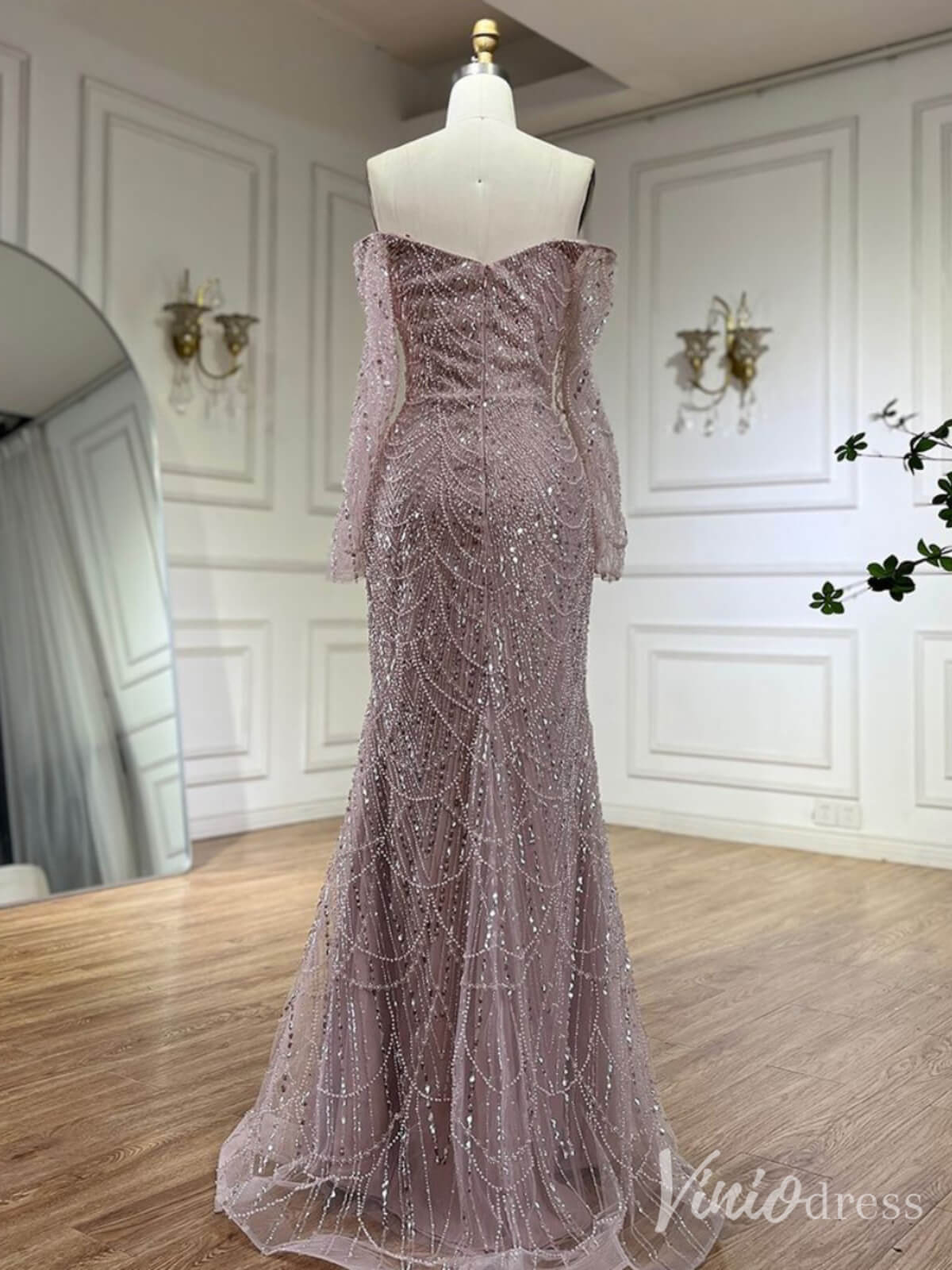 Beaded Off the Shoulder Mermaid Prom Dresses Sweetheart Long Sleeve Pageant Dress 20210-Evening Dresses 2025 -Viniodress-Dusty Rose-US 2-