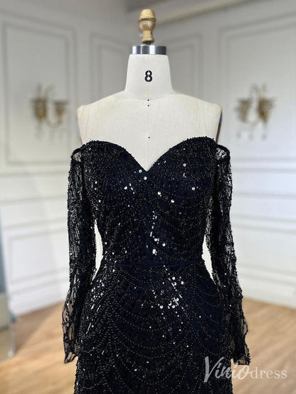 Beaded Off the Shoulder Mermaid Prom Dresses Sweetheart Long Sleeve Pageant Dress 20210-Evening Dresses 2025 -Viniodress-Dusty Rose-US 2-