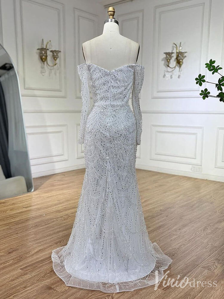 Beaded Off the Shoulder Mermaid Prom Dresses Sweetheart Long Sleeve Pageant Dress 20210-Evening Dresses 2025 -Viniodress-Dusty Rose-US 2-