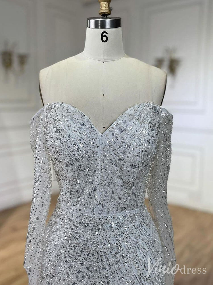 Beaded Off the Shoulder Mermaid Prom Dresses Sweetheart Long Sleeve Pageant Dress 20210-Evening Dresses 2025 -Viniodress-Dusty Rose-US 2-