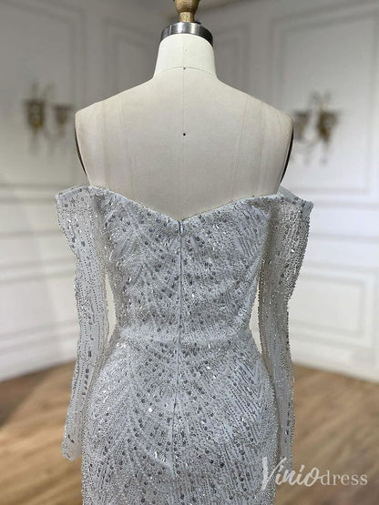 Beaded Off the Shoulder Mermaid Prom Dresses Sweetheart Long Sleeve Pageant Dress 20210-Evening Dresses 2025 -Viniodress-Dusty Rose-US 2-