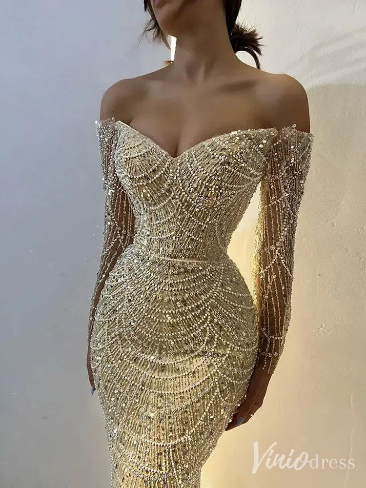 Beaded Off the Shoulder Mermaid Prom Dresses Sweetheart Long Sleeve Pageant Dress 20210-Evening Dresses 2025 -Viniodress-Dusty Rose-US 2-